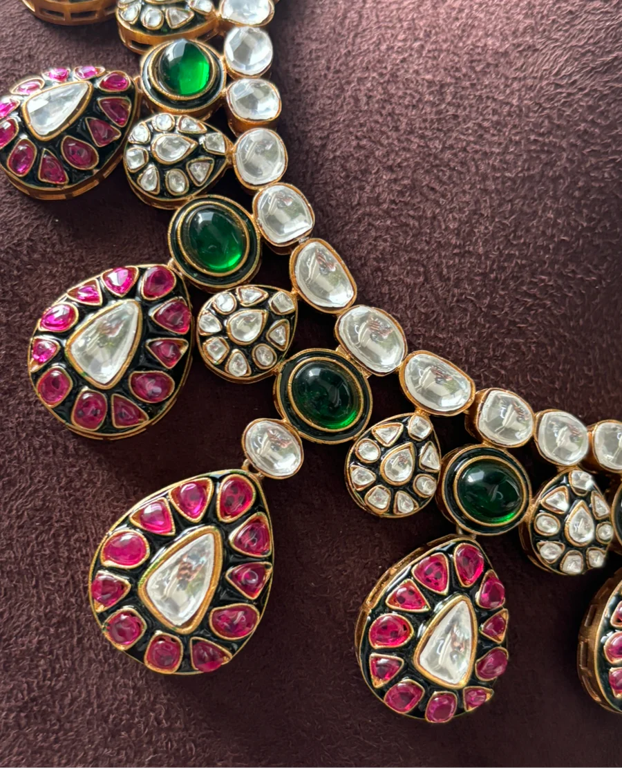 Noorani Ruby Emerald Victorian Kundan Necklace Set with Maang Tikka