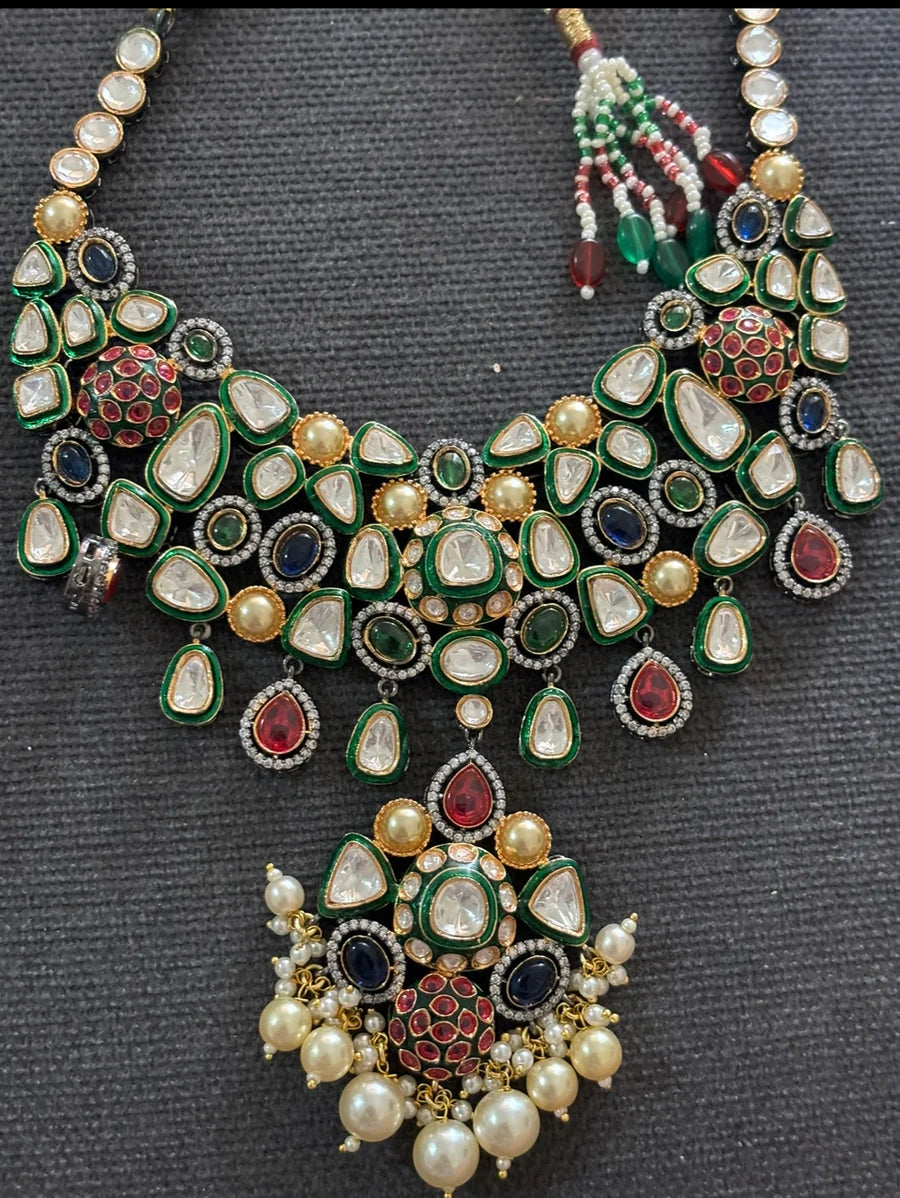 Multicolored Gems Victorian Necklace set with matching earrings and maangtikka