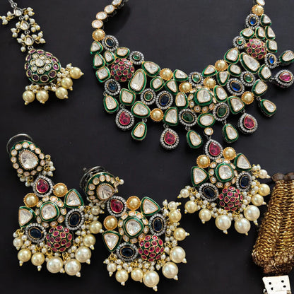 Multicolored Gems Victorian Necklace set with matching earrings and maangtikka