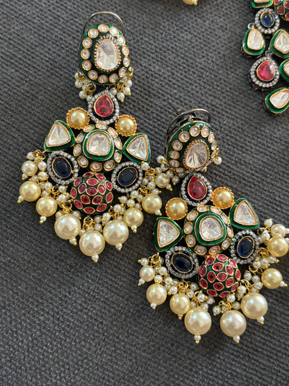 Multicolored Gems Victorian Necklace set with matching earrings and maangtikka