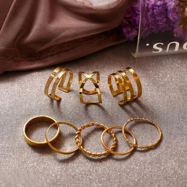 CUEEN MULTI DESIGN GOLD FINGER RING SET (ADJUSTABLE)