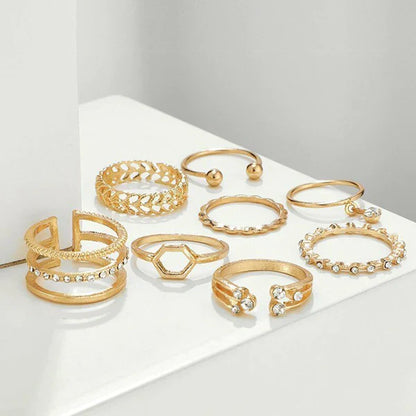 CUEEN MULTI DESIGN GOLD 8 RING SET (ADJUSTABLE)