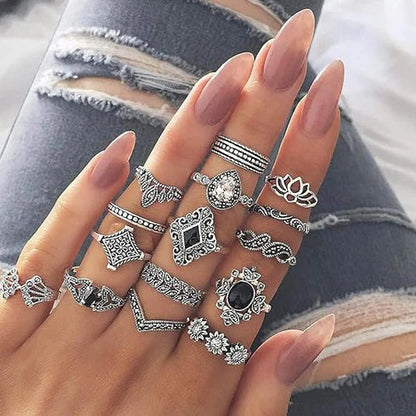 CUEEN MULTI DESIGN OXIDISED 15 RINGS SET (ADJUSTABLE)