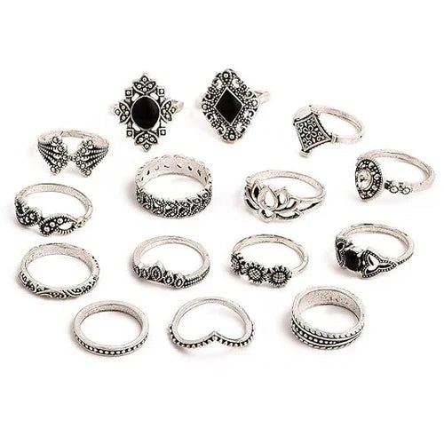 CUEEN MULTI DESIGN OXIDISED 15 RINGS SET (ADJUSTABLE)