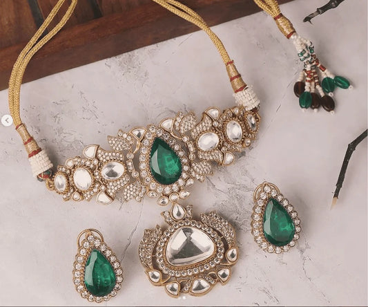 Exclusive Designer Choker featuring a mesmerizing Green Emerald centerpiece