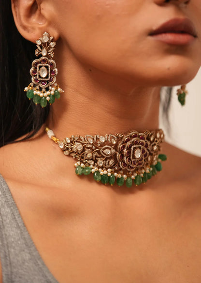 Rosy Polki Choker Set | Antique Gold