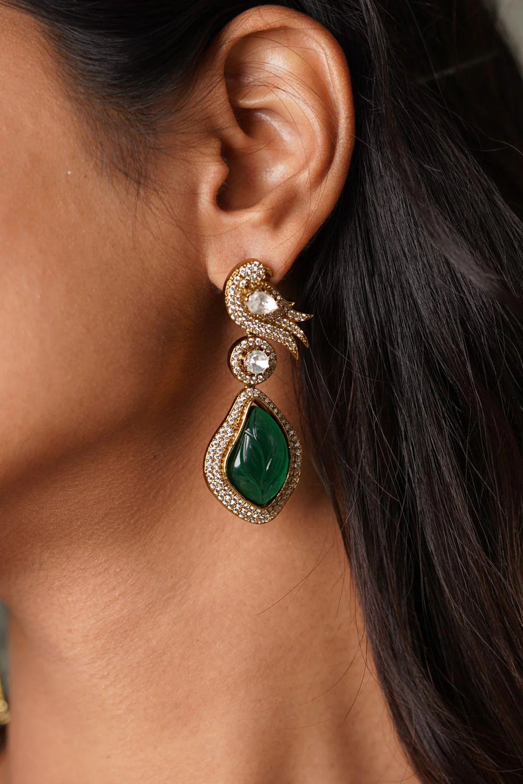 Panchi Polki Earring With Carved Emeralds/ Antique Gold Collection